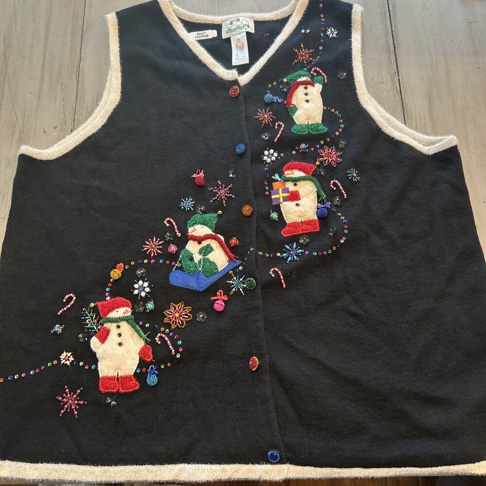 Quacker Factory Snowman Beaded Jingle Bells Sweater Vest Sz 2X Grandma Core